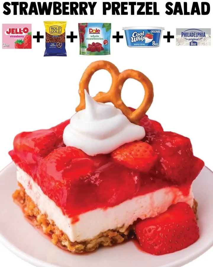 Delicious Strawberry Pretzel Salad dessert featuring strawberries, cream, and pretzel crust.