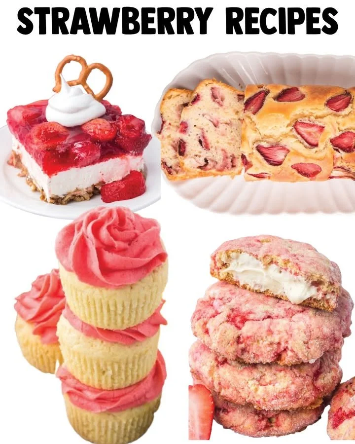 A variety of strawberry recipes including desserts, salads, and smoothies.