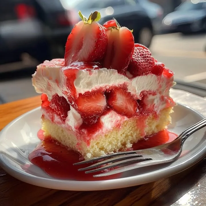 Delicious strawberry shortcake cheesecake topped with fresh strawberries.