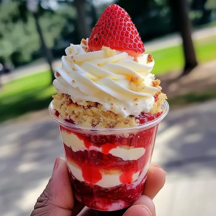 Delicious strawberry shortcake cheesecake cups topped with fresh strawberries.