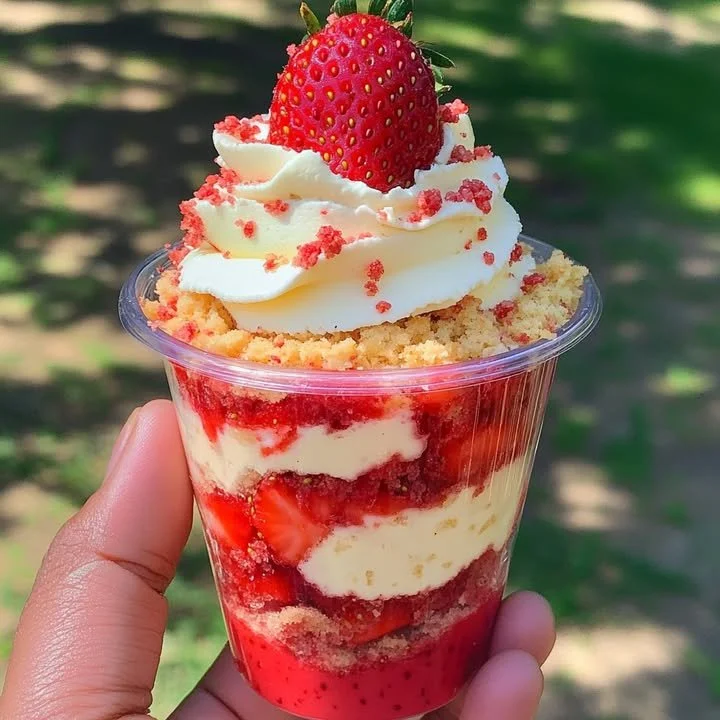 Strawberry Shortcake Cheesecake Cups served in clear dessert cups