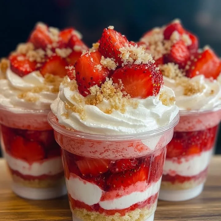 Delicious strawberry shortcake cheesecake cups topped with fresh strawberries