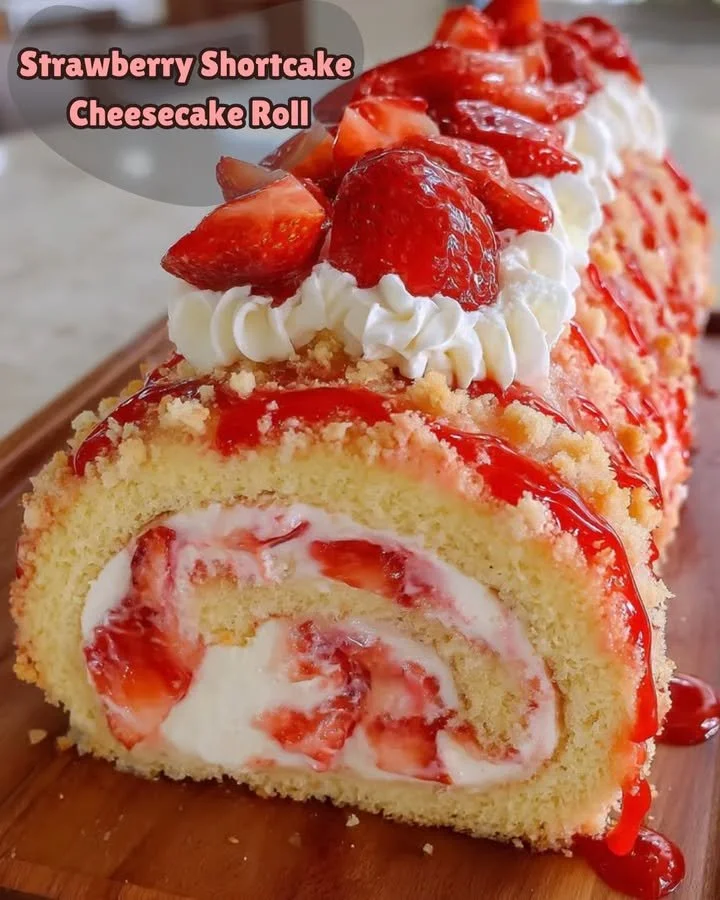 Strawberry Shortcake Cheesecake Roll dessert on a plate