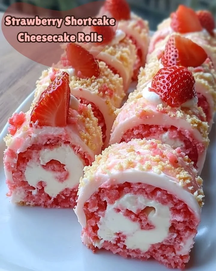 Delectable strawberry shortcake cheesecake rolls with fresh strawberries and cream.