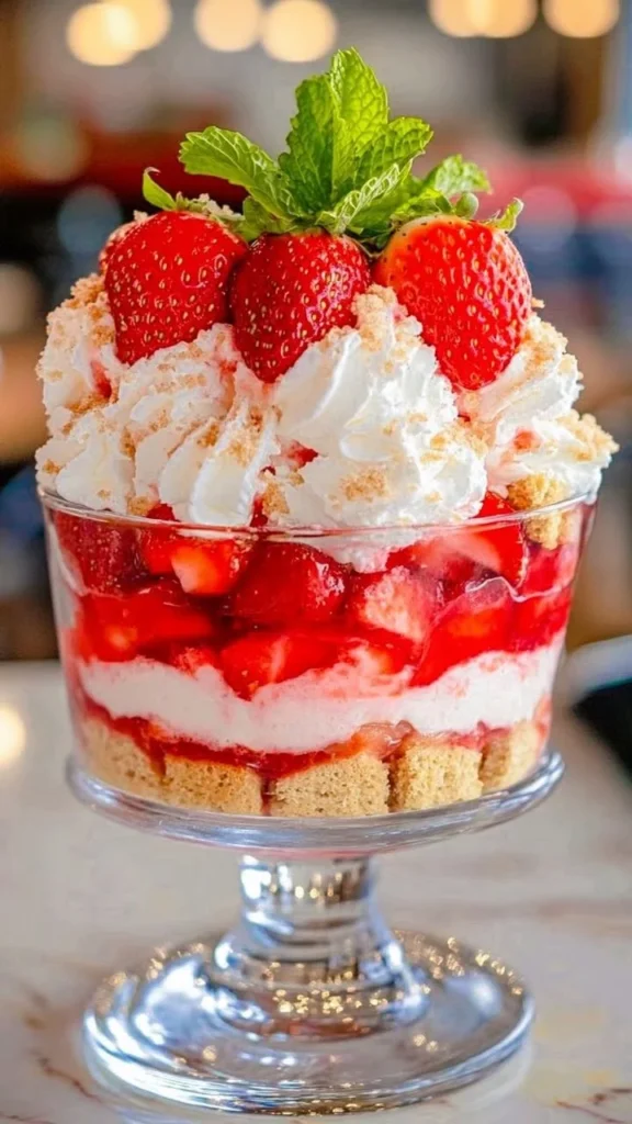 Delicious strawberry shortcake trifle with layers of strawberries and whipped cream