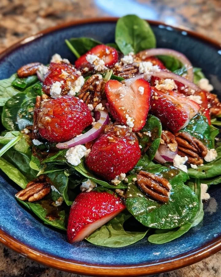 Delicious strawberry spinach salad topped with goat cheese and pecans