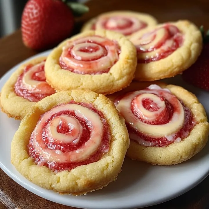Freshly baked strawberry swirl cookies on a cooling rack