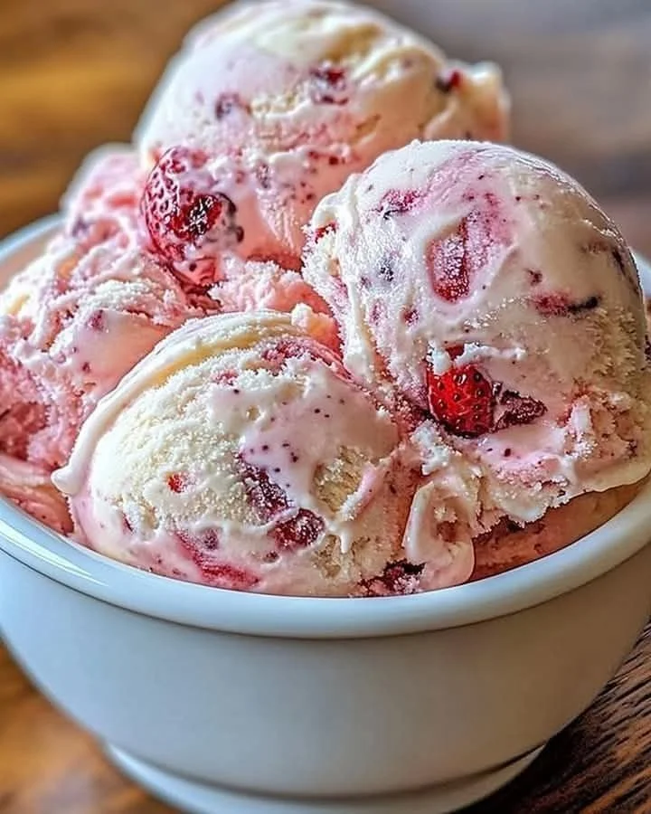 Bowl of strawberry vanilla bean ice cream topped with fresh strawberries