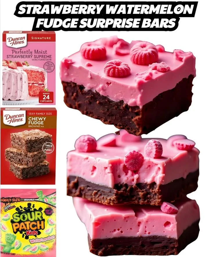 Delicious Strawberry Watermelon Fudge Surprise Bars on a plate