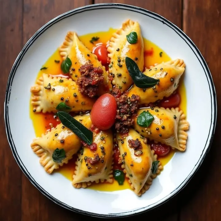 Plate of stuffed ravioli topped with tomato butter sauce
