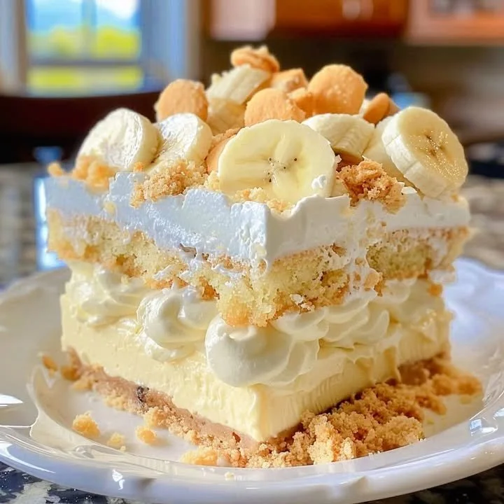 Slice of Summer Banana Pudding Layer Cake with fresh bananas and whipped cream