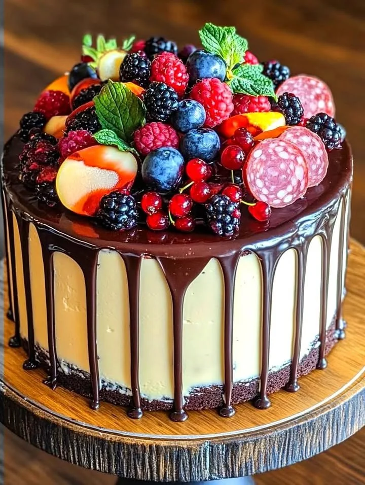 Delicious summer berry ganache drip cake topped with fresh berries