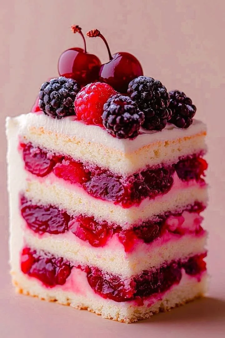 A delicious slice of Summer Berry Layer Cake topped with fresh berries