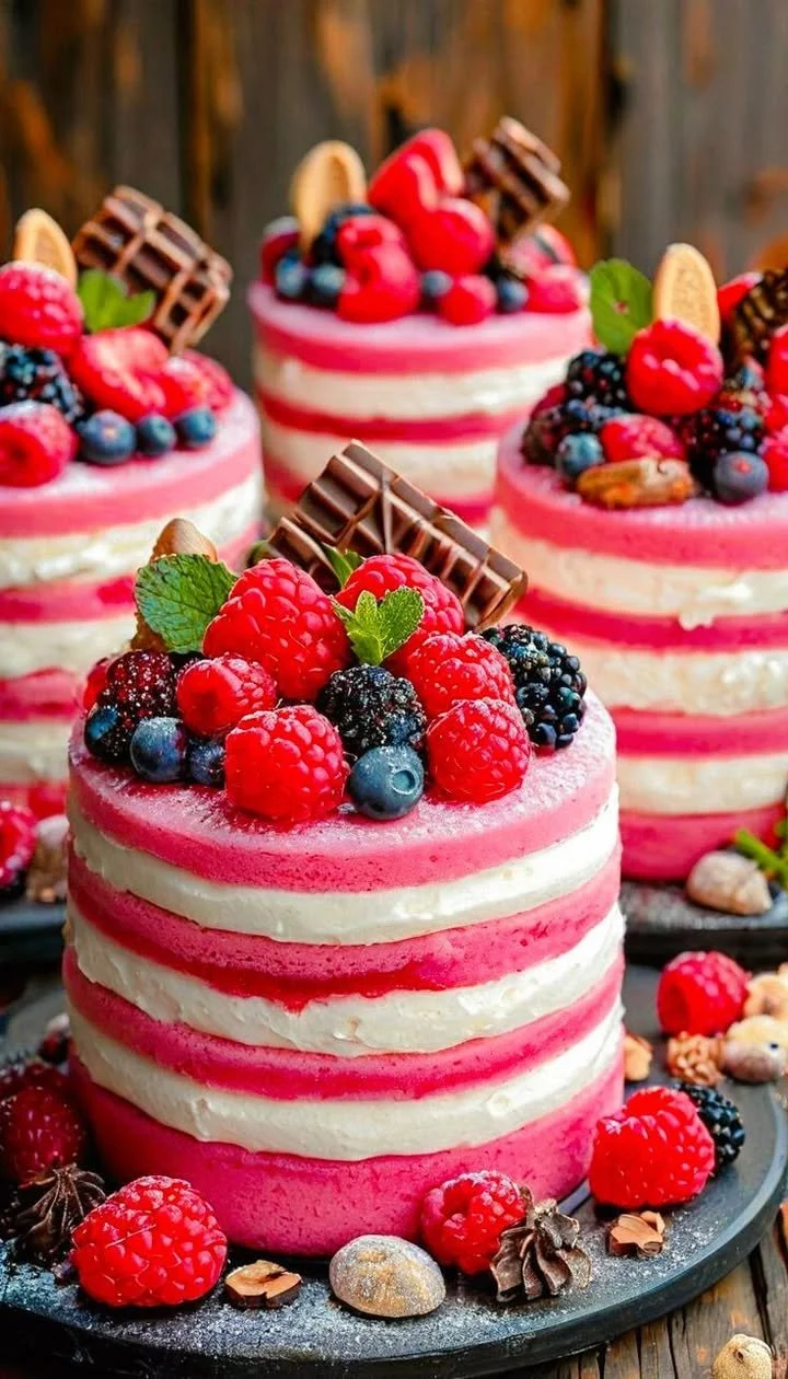 Summer berry layered mini cakes topped with fresh berries and cream