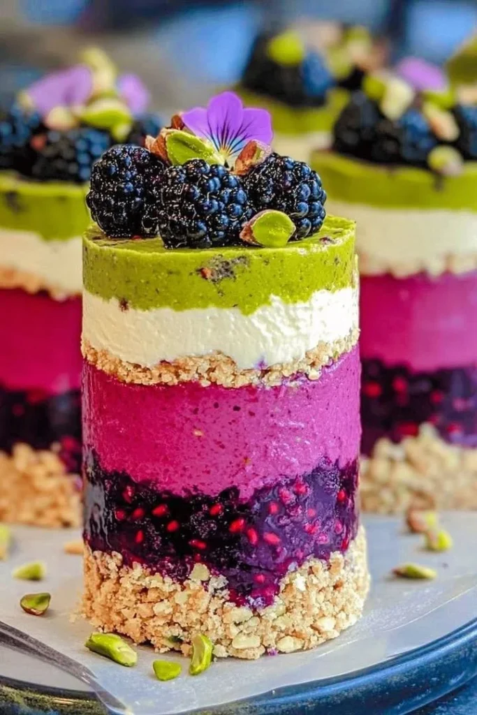 Summer berry pistachio cheesecake cups with vibrant fruit toppings