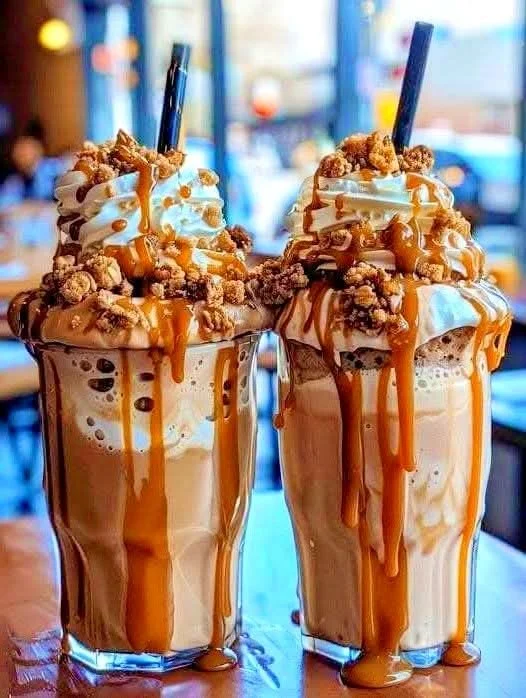 Delicious Summer Caramel Crunch Coffee Shake topped with caramel and ice cream.