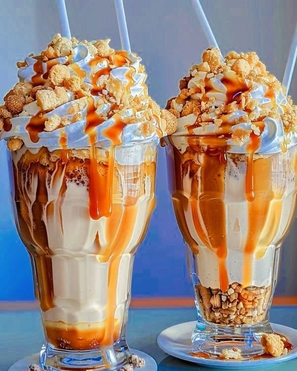 Savory summer caramel crunch shake topped with crushed caramel and whipped cream