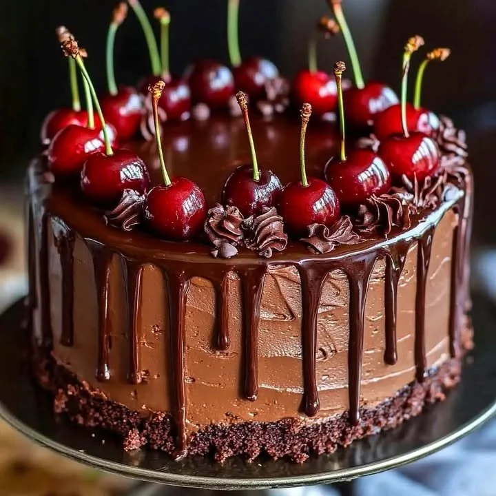 Delicious summer chocolate cherry cake with fresh cherries and chocolate frosting