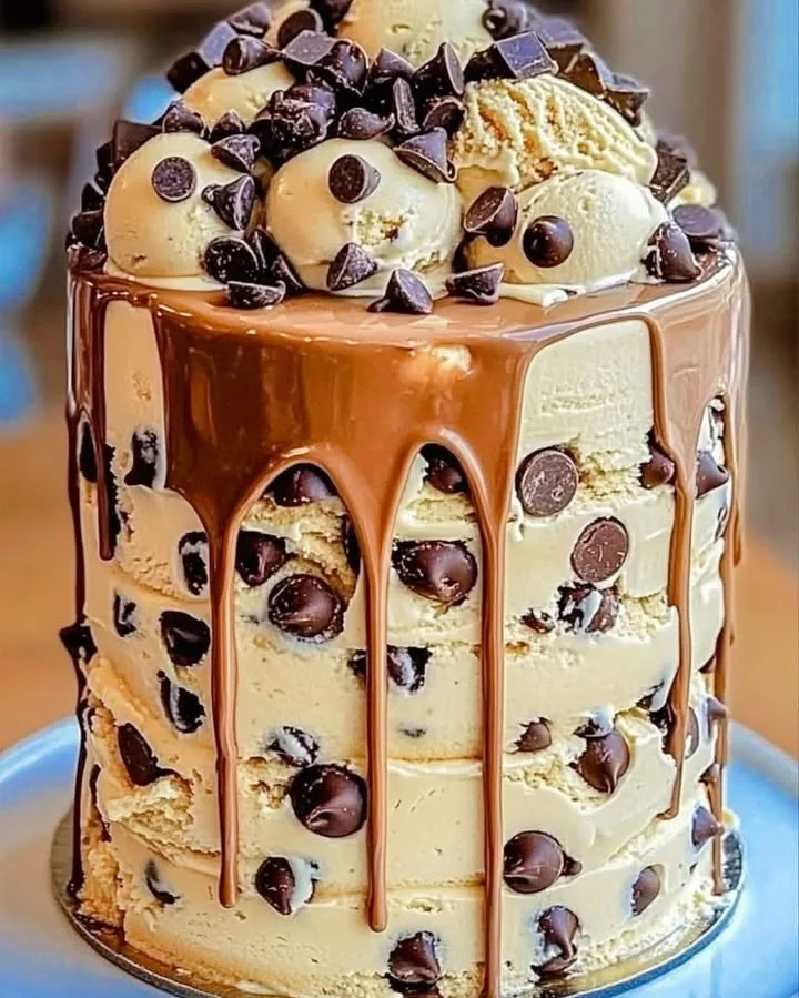 Delicious summer chocolate chip cookie dough cake with gooey cookie dough topping