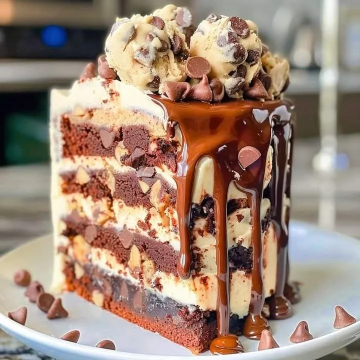 A delicious summer chocolate chip cookie dough layer cake with creamy frosting