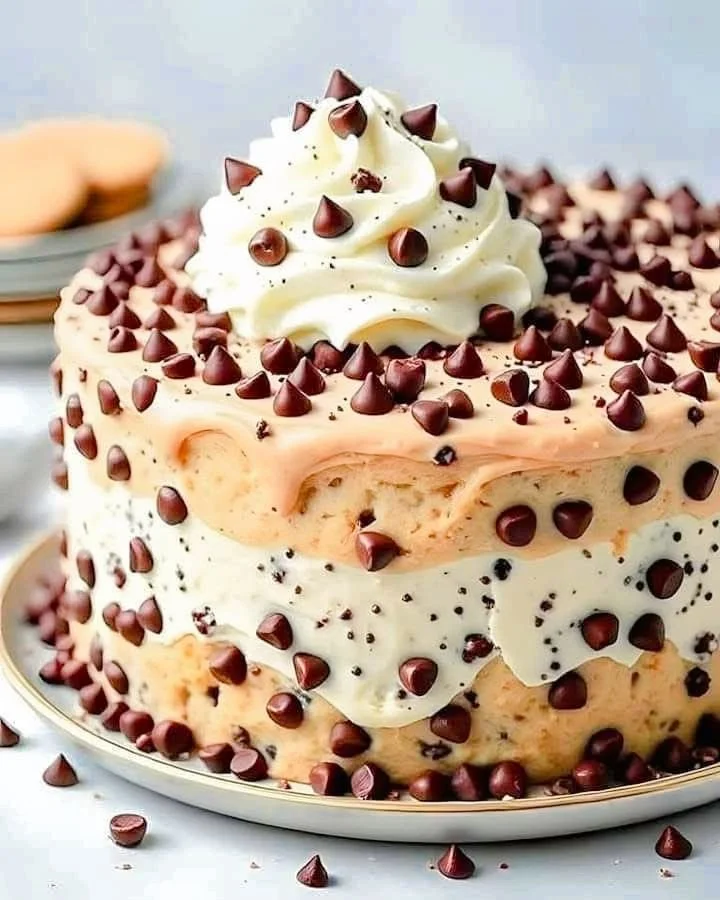 Layers of Summer Chocolate Chip Cookie Icebox Cake with chocolate chips and whipped cream
