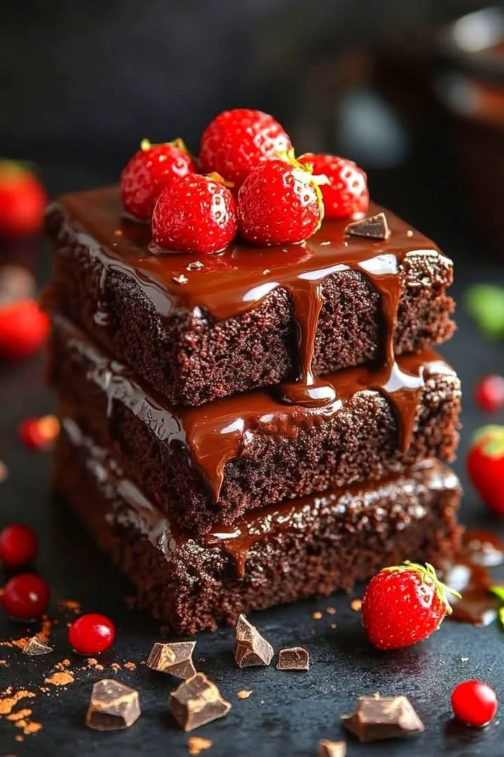 Summer chocolate fudge cake topped with fresh strawberries for a delightful dessert