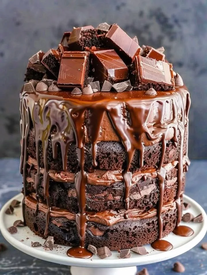 Summer Chocolate Overload Layer Cake with multiple layers of rich chocolate frosting