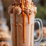 Summer chocolate peanut butter caramel milkshake topped with whipped cream