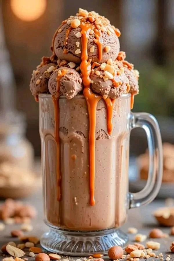 Summer chocolate peanut butter caramel milkshake topped with whipped cream