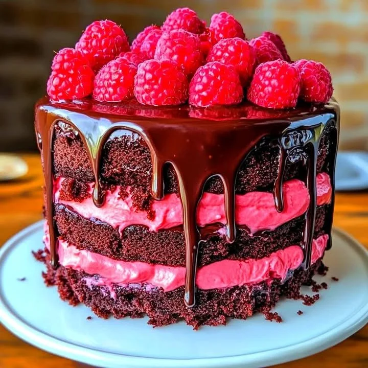 Summer chocolate raspberry drip cake with rich chocolate and fresh raspberries