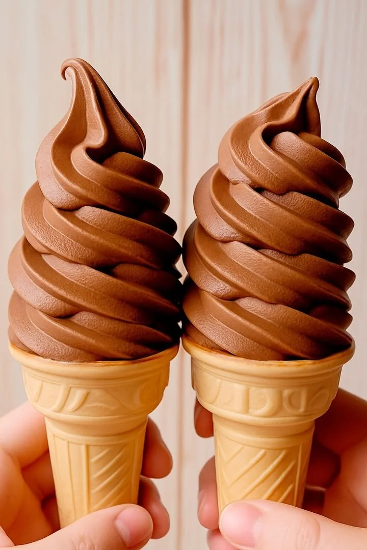 Creamy chocolate soft serve ice cream in a cone for summer delight