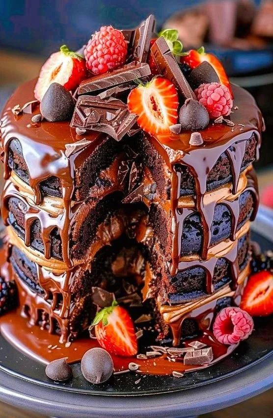 Delicious summer chocolate berry cake with layers of rich chocolate and berries