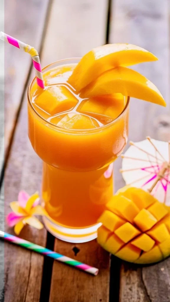 Refreshing summer mango paradise juice in a glass with ice cubes and tropical fruit