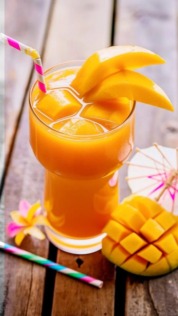 Refreshing summer mango paradise juice in a glass with ice cubes and tropical fruit