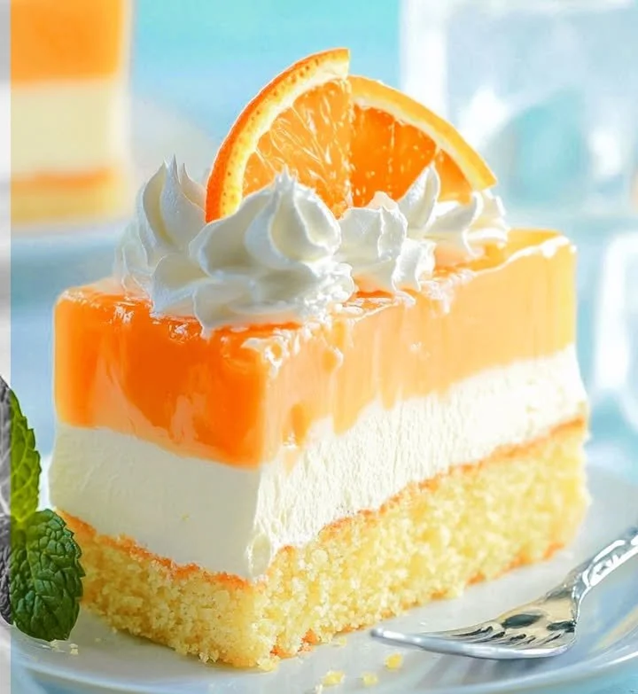 Slice of Summer Orange Cream Cake topped with fresh oranges and cream