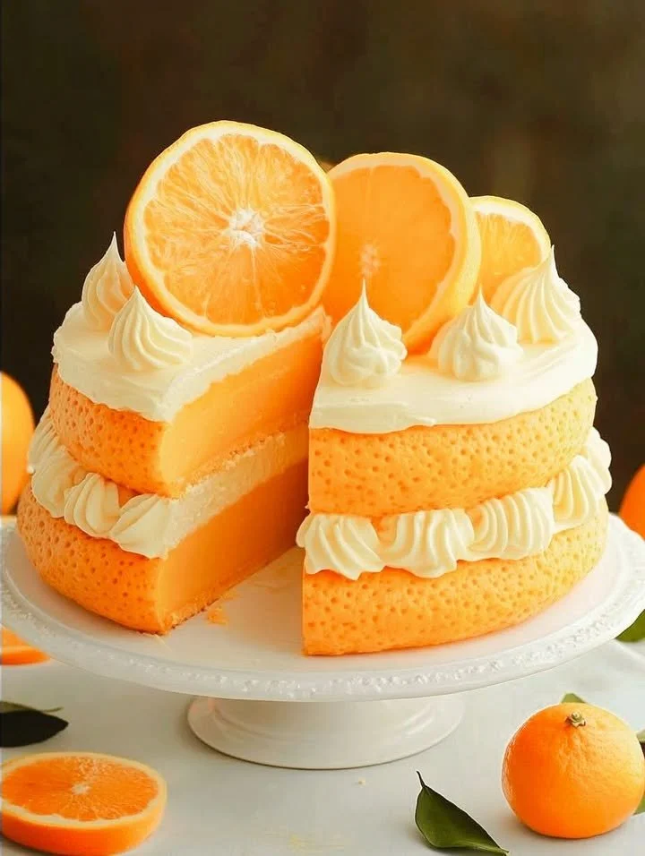 Delicious summer orange dream cake with vibrant orange frosting and fresh fruit