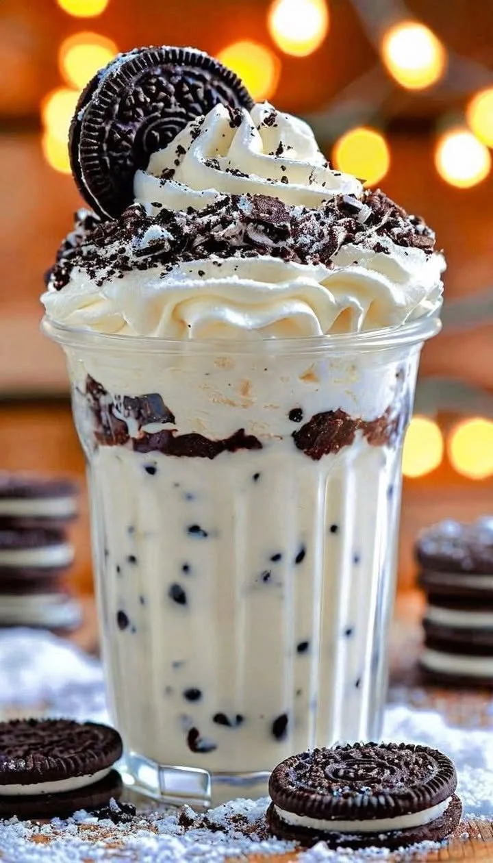 Refreshing summer Oreo cream shake topped with whipped cream and crushed Oreos
