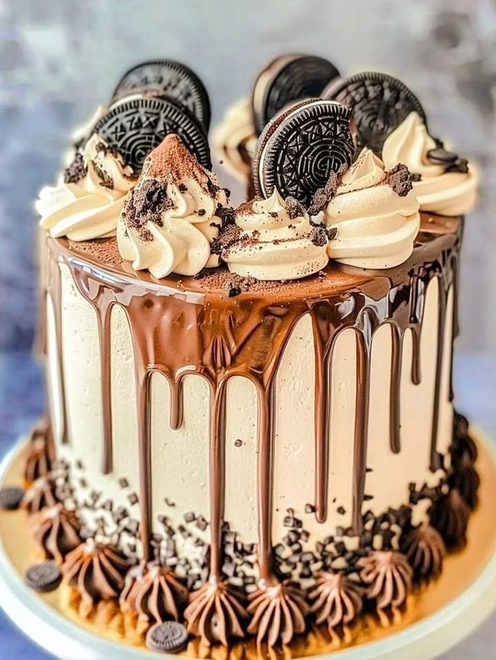 Summer Oreo drip cake with chocolate layers and creamy frosting