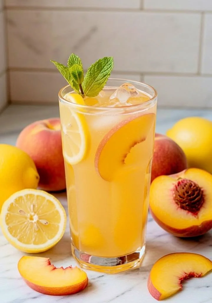 Refreshing summer peach lemonade in a glass with ice and fresh peaches.