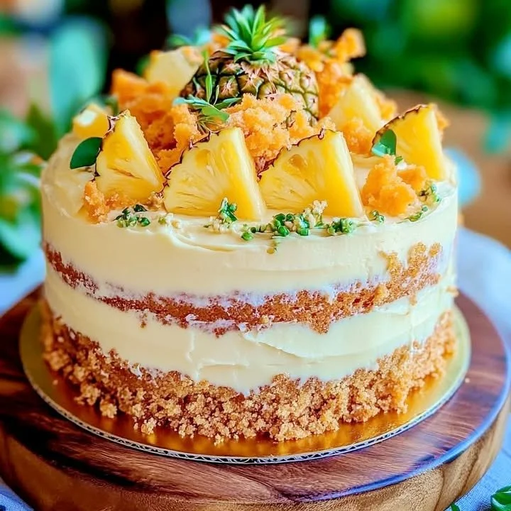 Delicious summer pineapple crumble cake topped with crumble for dessert