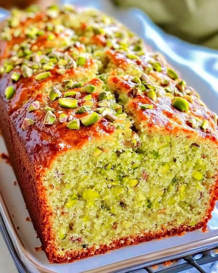 Slice of summer pistachio yogurt loaf cake on a plate with pats of butter