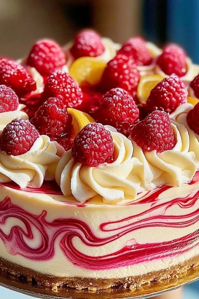 Summer raspberry swirl cheesecake with fresh raspberries and creamy filling
