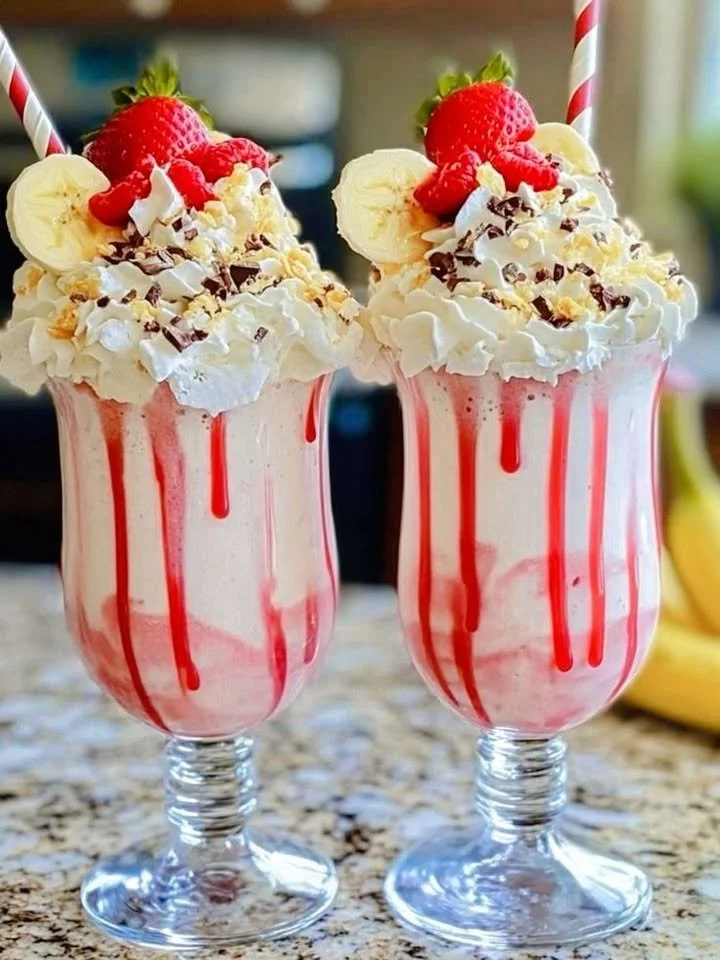 A refreshing summer strawberry banana shake in a glass with fresh strawberries and bananas.