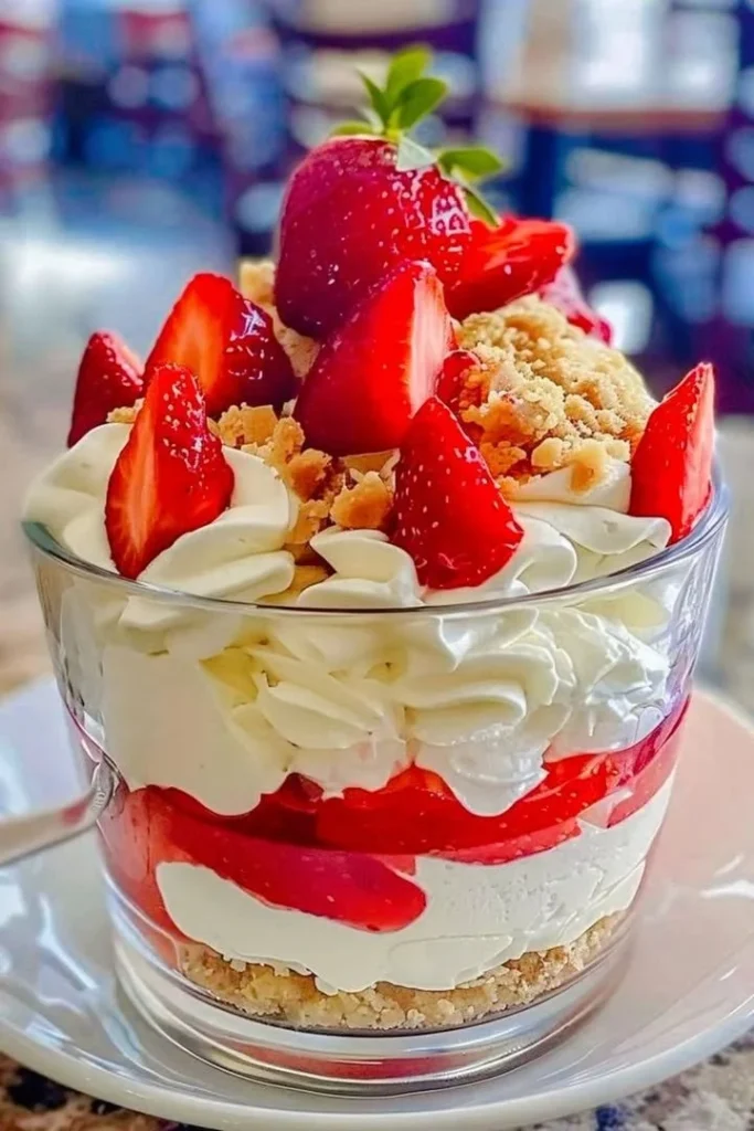 Delicious summer strawberry cheesecake parfait layered with fresh strawberries and creamy cheesecake.