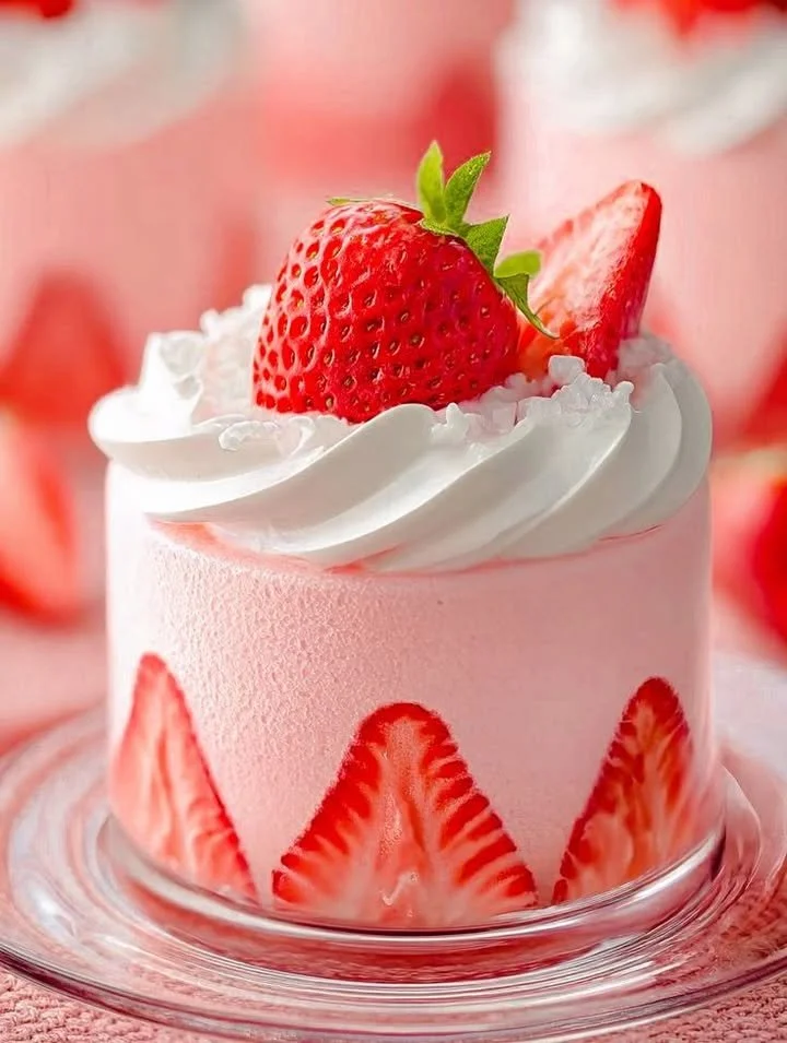 Delicious summer strawberry mousse cake cups topped with fresh strawberries.