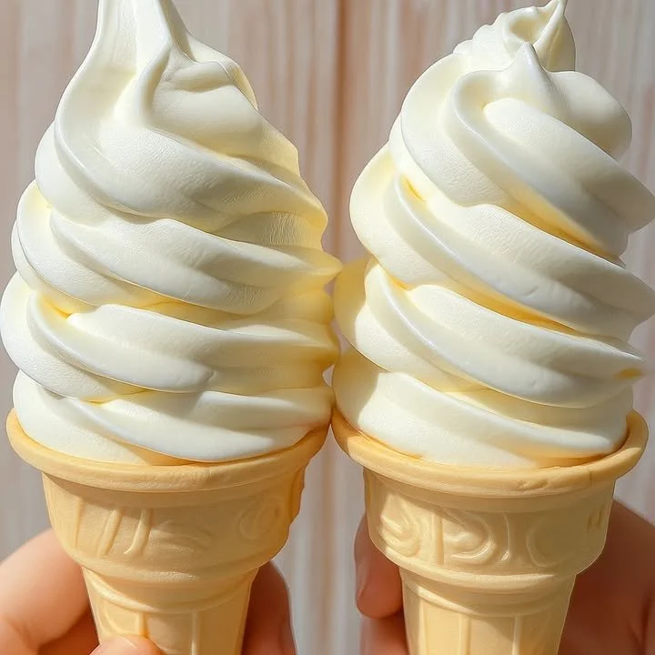 Delicious summer vanilla soft serve ice cream swirled in a cone