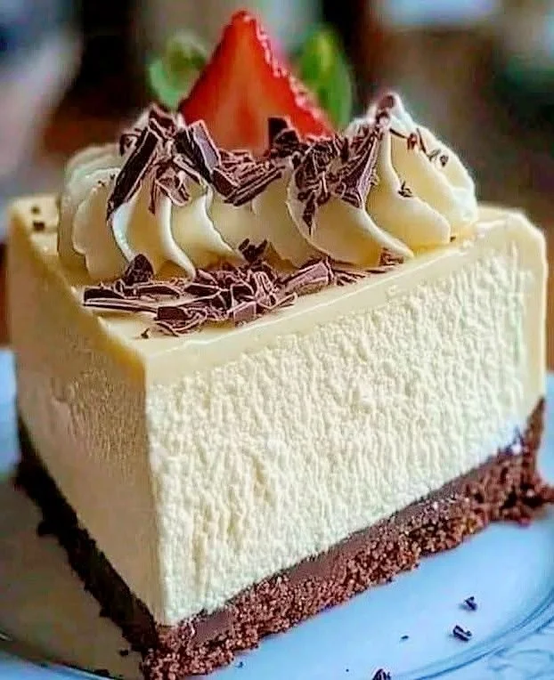 Slice of Summer White Chocolate Mousse Cheesecake on a plate