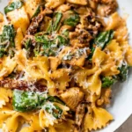 Delicious sun dried tomato pasta with chicken served on a plate