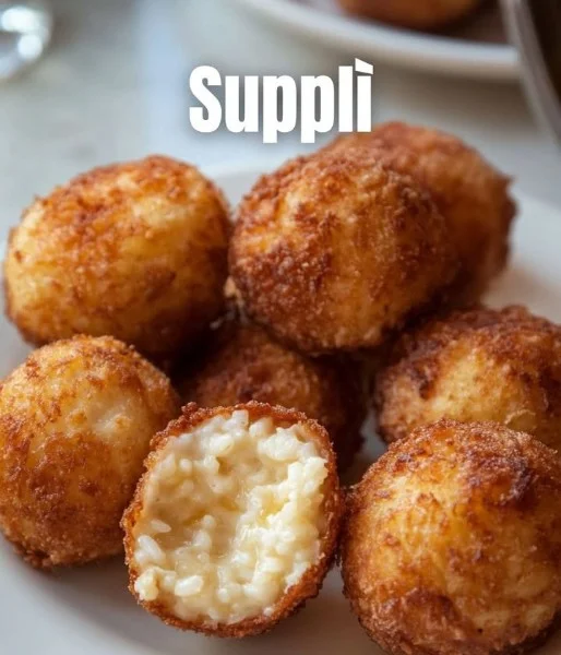 Delicious suppli rice balls filled with cheese and herbs, served with marinara sauce.