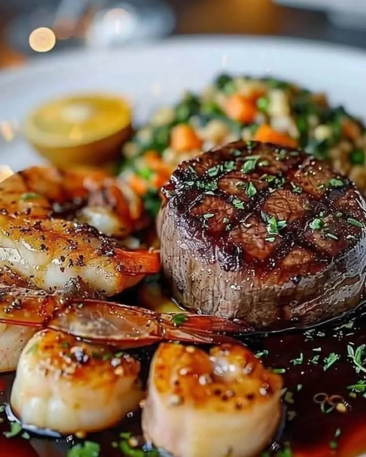 Delicious Surf and Turf dish featuring steak and seafood on a plate